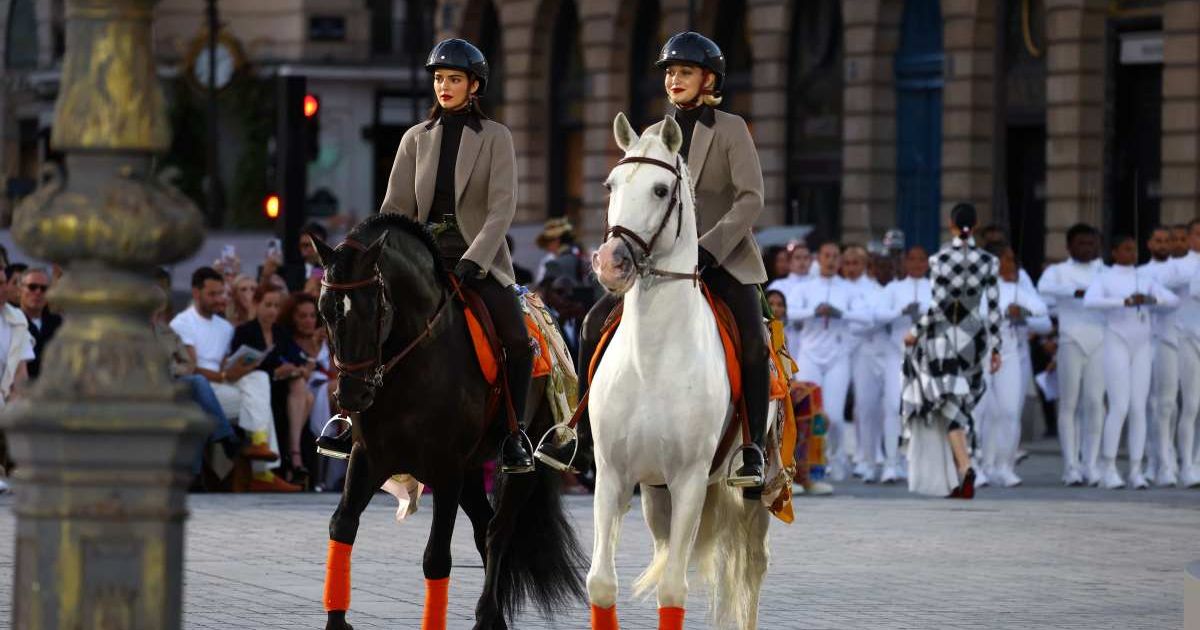 Kendall Jenner and Gigi Hadid rode their horses on the runway during Vogue World: Paris at Place Vendome on June 23 in Paris (Marc Piasecki/Getty Images for Vogue)