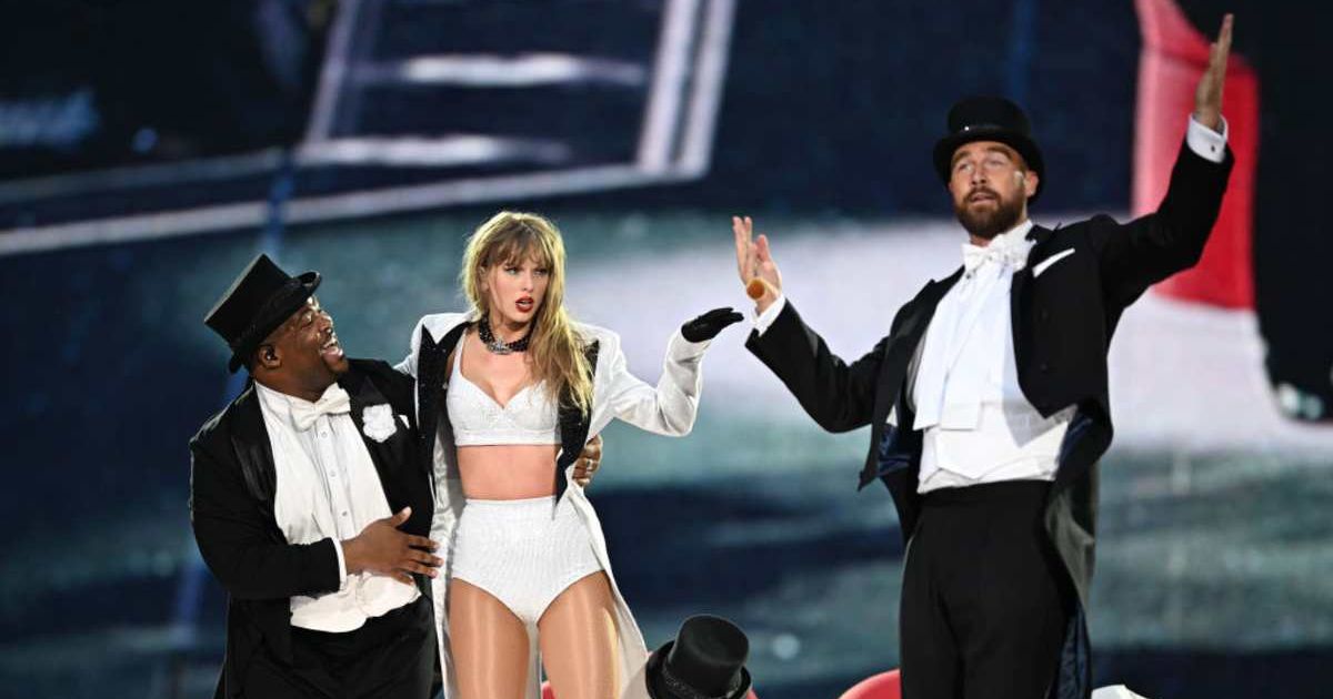 Travis Kelce performs with his girlfriend Taylor Swift during his onstage debut at Eras Tour London show (Gareth Cattermole/TAS24/Getty Images)