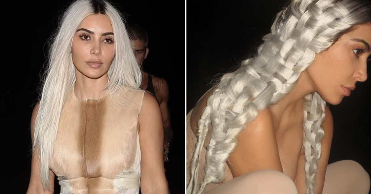 Kim Kardashian sported a silver hairpiece arranged into basket-weave pigtails (@kimkardashian/Instagram)