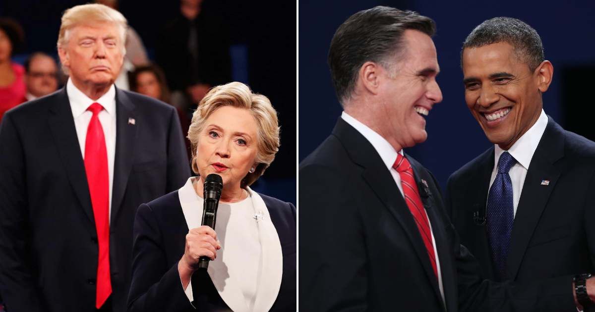 Donald Trump and Hillary Clinton squared off in October 2016 in St Louis, Missouri, while Mitt Romney and Barack Obama were seen at a town hall-style debate in October 2012 in Hempstead, New York (Getty Images)