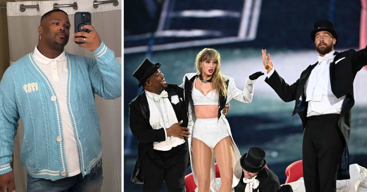 Travis Kelce's surprise cameo on Eras Tour lauded by dancer Kameron Saunder (L) (Photo by Gareth Cattermole/TAS24/Getty Images for TAS Rights Management/kamnsaunders@Instagram) )