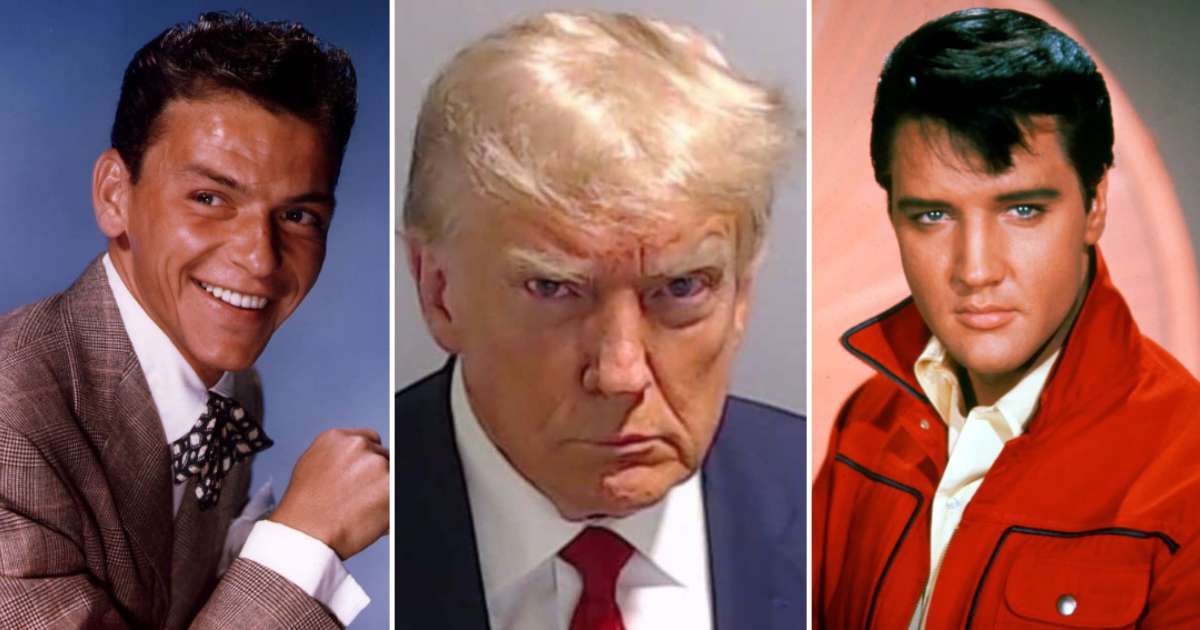 Donald Trump argued that his mugshot was famous than similar snapshots of singers Frank Sinatra and Elvis Presley (Getty Images, Fulton County Sheriff's Office)