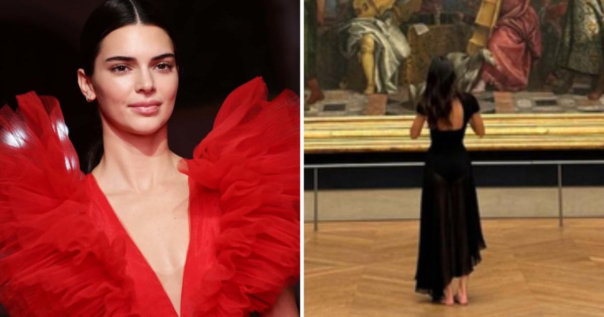 Kendall Jenner posed barefoot in front of iconic paintings at the Louvre Museum (Getty Images, @kendalljenner/Instagram)