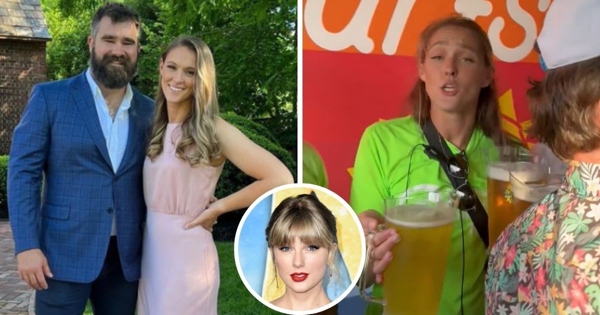 Jason Kelce's wife Kylie Kelce was seen singing Taylor Swift's 'Love Story' during her husband's annual Beach Bash (@kykelce/Instagram, @New Heights/X, Getty Images)
