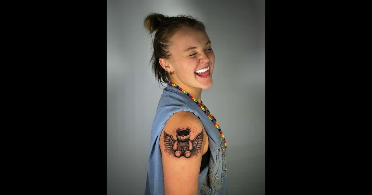 JoJo Siwa revealed a striking new tattoo of a winged teddy bear on June 26 (@costello/Instagram) 