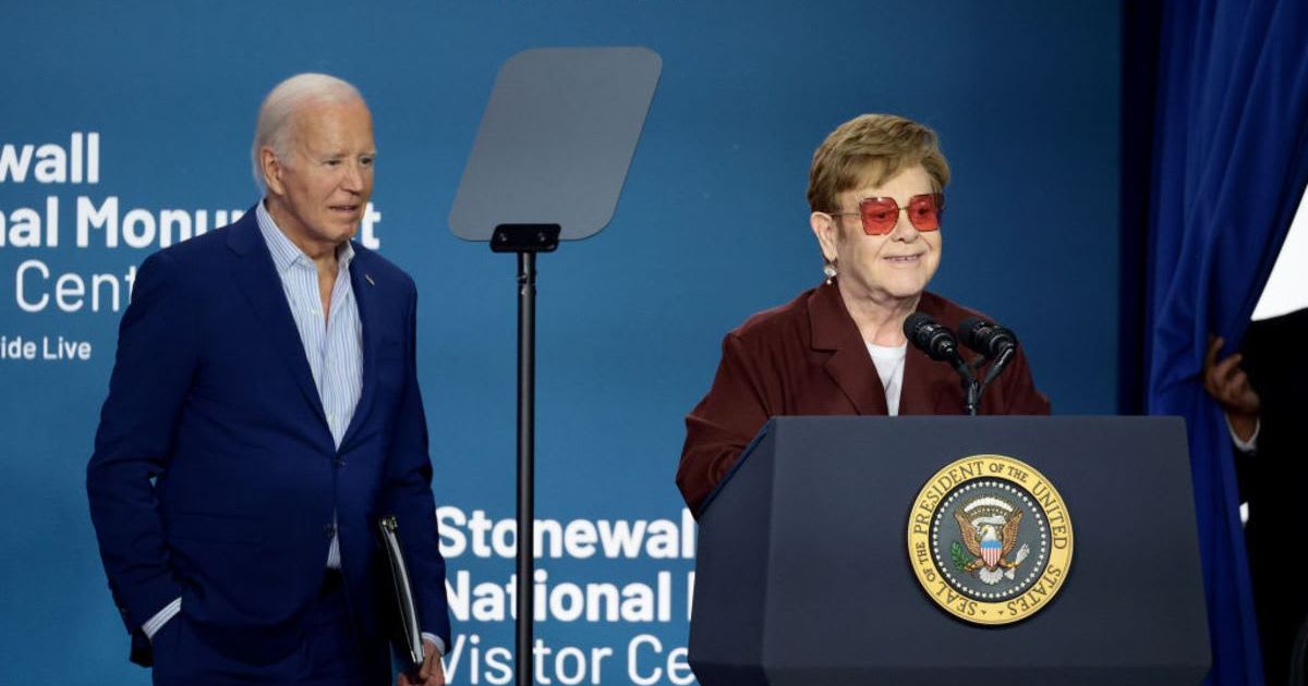 Elton John and President Joe Biden addressed the Stonewall National Monument Visitor Center's Grand Opening Ceremony on June 28, 2024 (Dimitrios Kambouris/Getty Images)