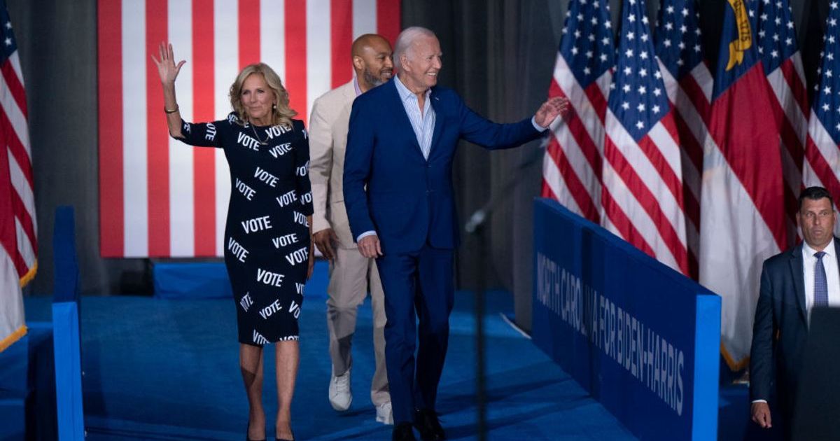 First Lady Jill Biden made a striking statement with her unique 'VOTE' dress at President Joe Biden’s post-debate rally in Raleigh on Friday, June 28 (Allison Joyce/Getty Images)
