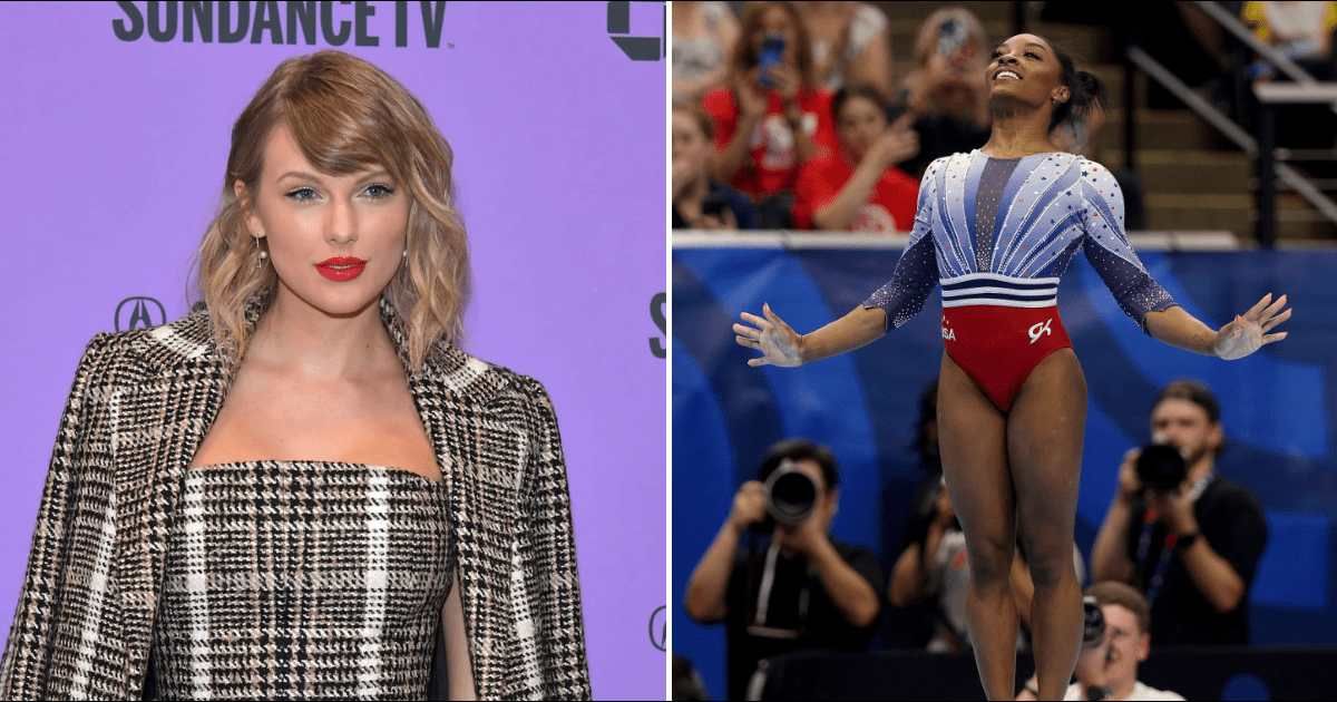 Taylor Swift reacted to champion gymnast Simone Biles' floor routine at the US Team Olympic gymnastics trials (Getty Images, Elsa/Getty Images)