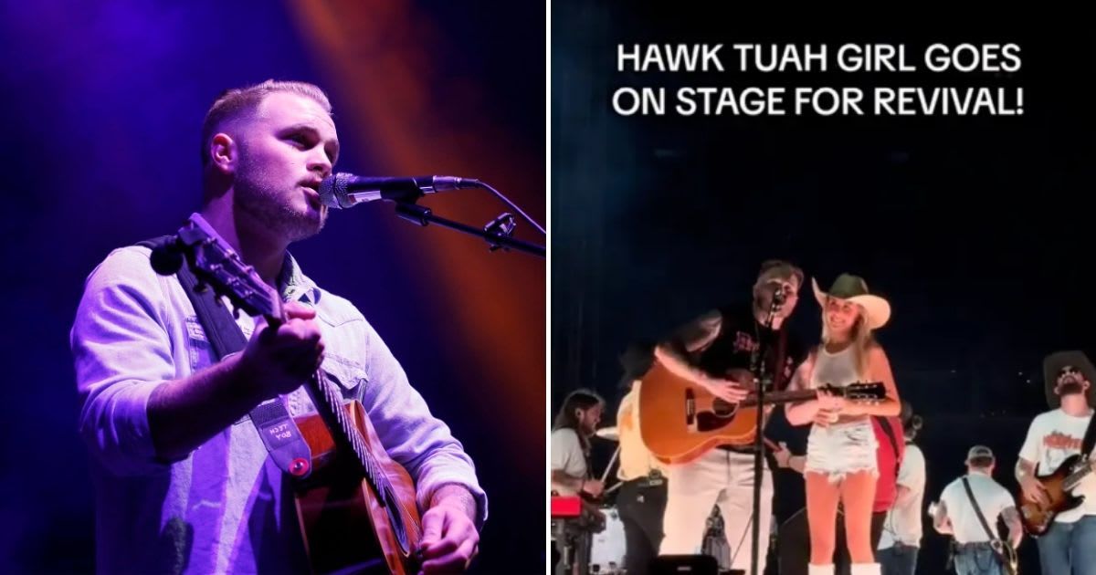Zach Bryan performed 'Revival' in Nashville with 'Hawk Tuah' girl Hailey Welch (Getty Images and TikTok)