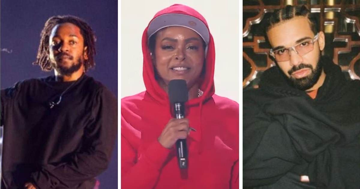 Taraji P Henson got the BET Awards audience on their feet with her 'Not Like Us' parody where Kendrick Lamar originally took jabs at Drake during their feud (@champagnepapi/Instagram, screengrab/BETNetworks/YouTube, Getty Images)