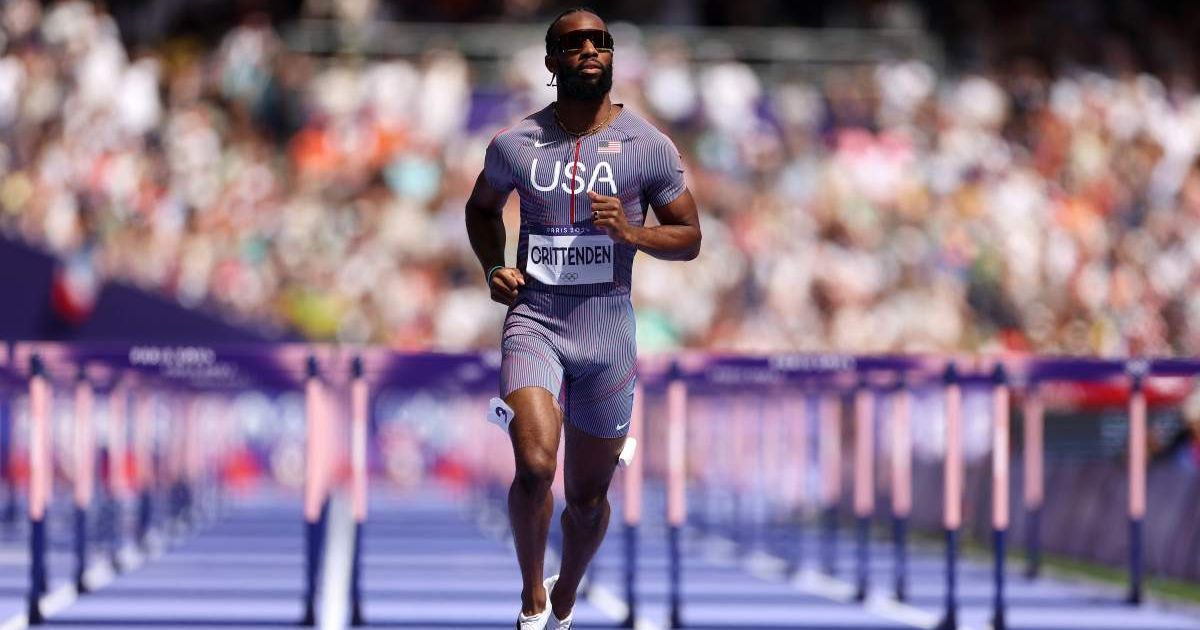 Freddie Crittenden of Team United States lightly jogged the 110-meter hurdle race on Sunday, August 4, finishing in 18.27 seconds (Hannah Peters/Getty Images)
