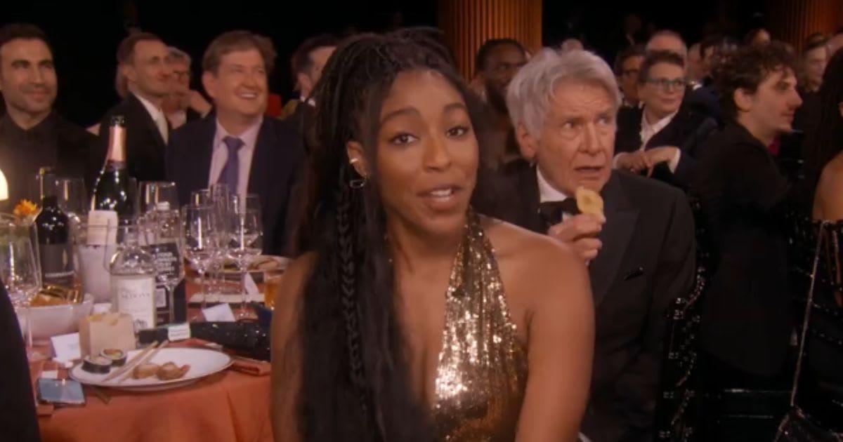 Harrison Ford was seen eating a cracker during Jessica Williams' 'I Am an Actor' speech at the 2025 SAG Awards on Sunday, February 23 (Screengrab/Netflix/X)