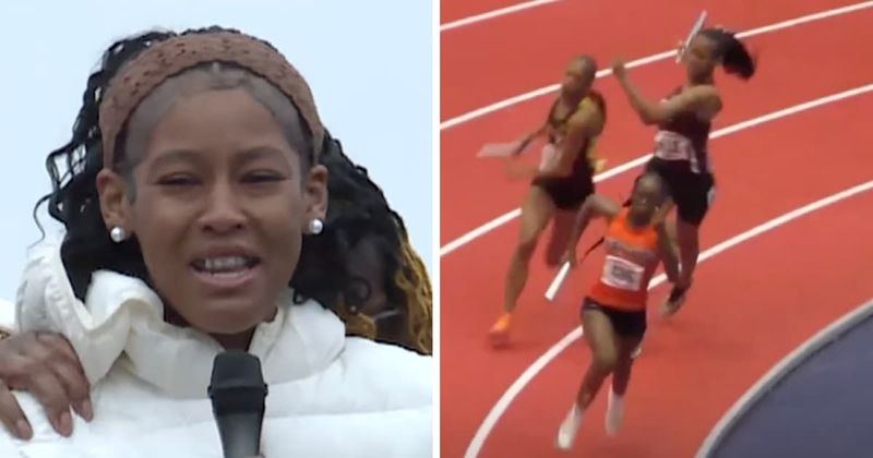 Virginia track star breaks down in tears at support rally after being charged over viral baton assault