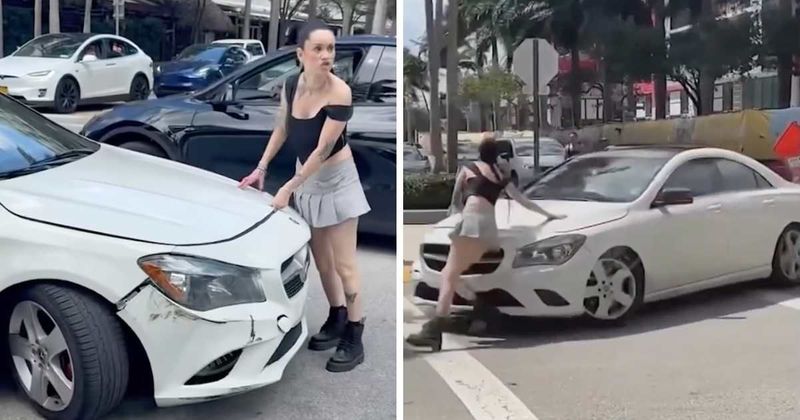 Tesla owner blocks Mercedes after driver hits her car and tries to flee: 'Look at what you did'