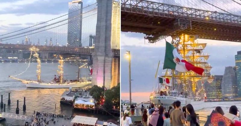 Viral video shows horrifying moment massive Mexican Navy training ship crashes into Brooklyn Bridge