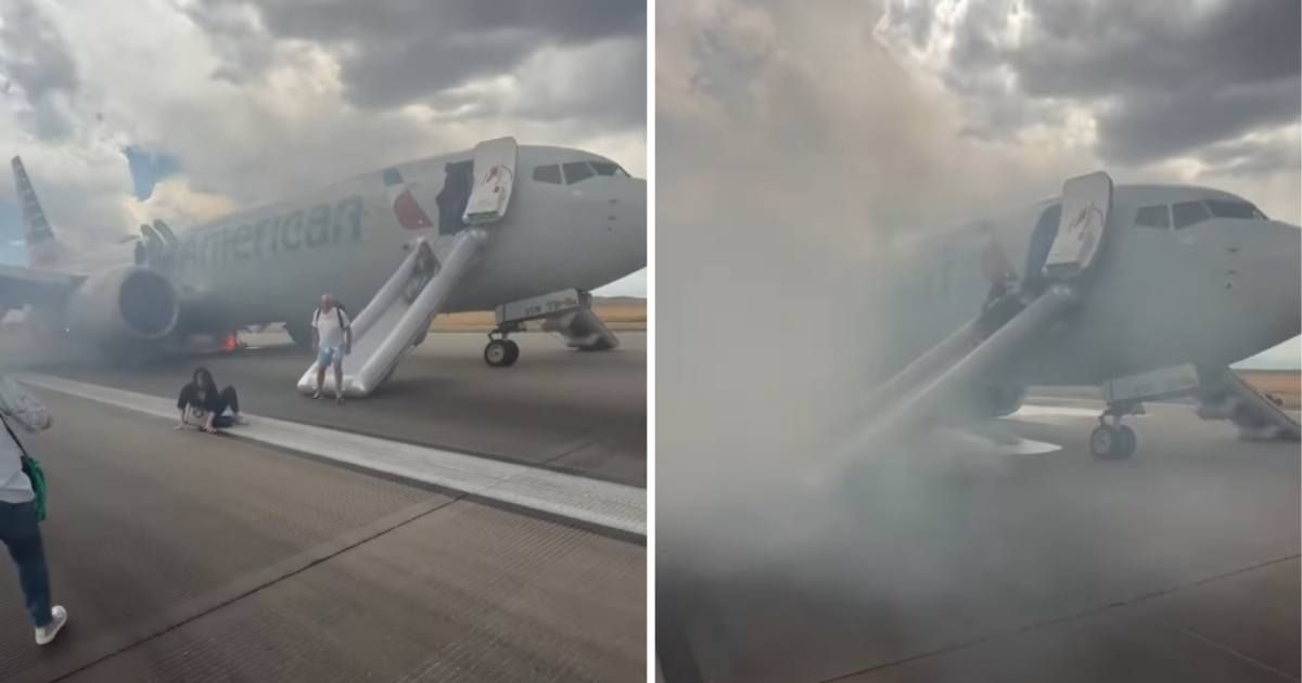 American Airlines passengers exit via emergency slide as plane catches fire before takeoff in Denver