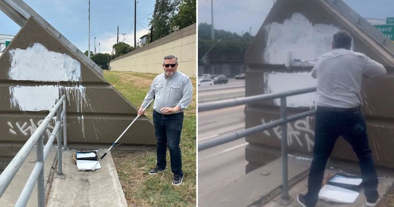 'Erasing evil': Ted Cruz personally covers up offensive graffiti targeting Charlie Kirk in Houston