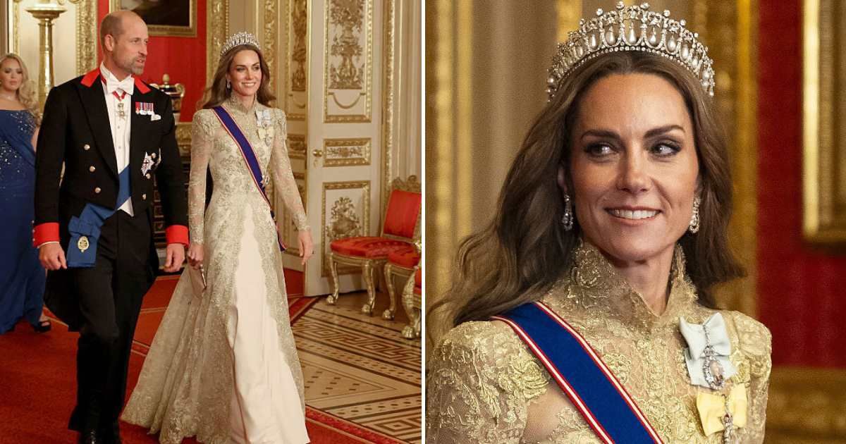 Kate Middleton shines in gold Chantilly lace gown and Diana’s Lover’s Knot at Windsor banquet (Getty Images)
