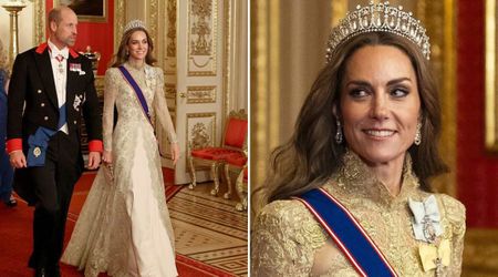 Kate Middleton glows in gold lace gown and Lover’s Knot tiara at Windsor state banquet