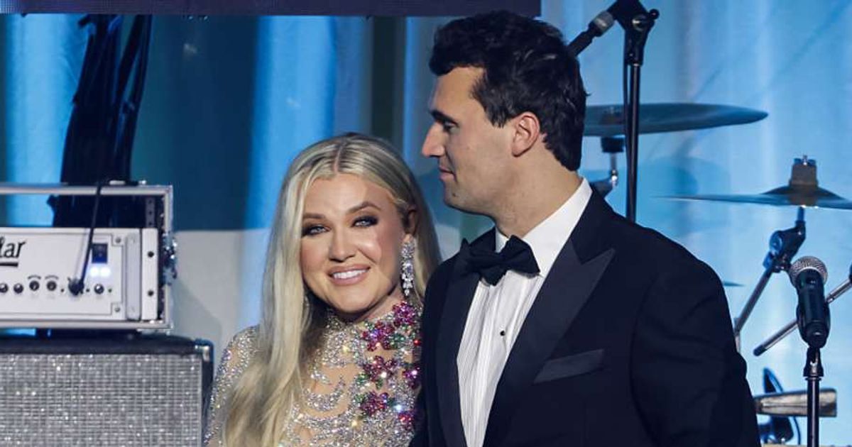 Charlie Kirk and and his wife Erika Lane Frantzve on stage during the Turning Point USA Inaugural-Eve Ball at the Salamander Hotel on January 19, 2025 in Washington, DC ( Samuel Corum/Getty Images)