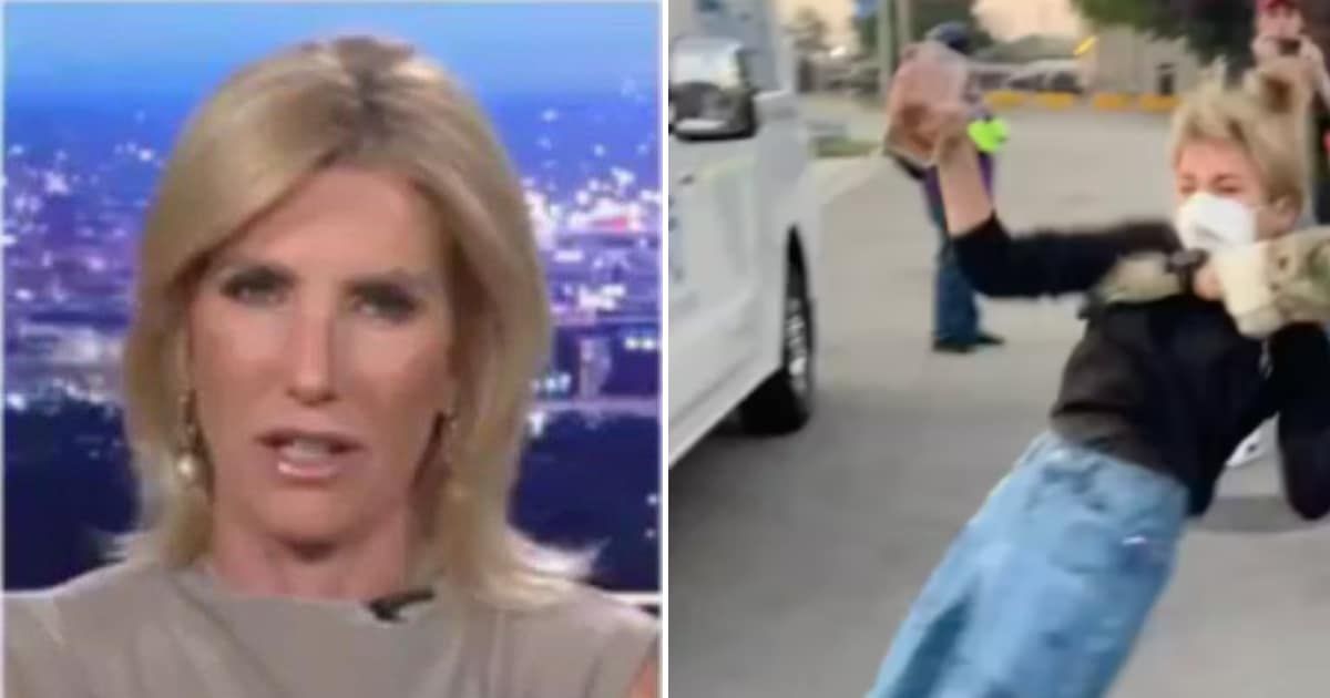 Laura Ingraham applauds an ICE agent for manhandling Kat Abughazaleh (The Ingraham Angle/X and Kat Abughazaleh/X)