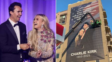 Charlie and Erika Kirk's massive banner appears outside Heritage Foundation ahead of weekend memorial