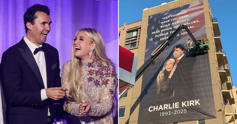 Charlie and Erika Kirk's massive banner appears outside Heritage Foundation ahead of weekend memorial