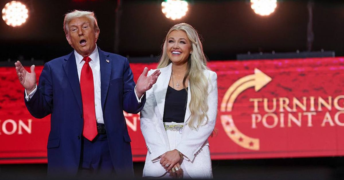 Erika Kirk joins US President Donald Trump onstage during the memorial service for political activist Charlie Kirk at State Farm Stadium on September 21, 2025 in Glendale, Arizona (Getty Images)