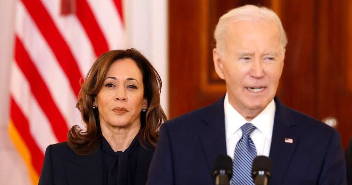 Vice President Kamala Harris looks on as President Joe Biden delivers remarks on the recently announced cease-fire deal between Israel and Hamas in the Cross Hall of the White House on January 15, 2025 in Washington, DC (Getty Images)