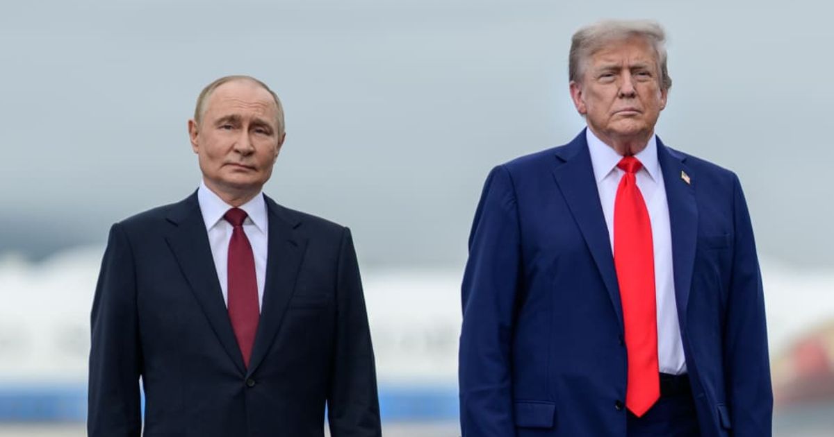 President Donald Trump greets Russian president Vladimir Putin at Joint Base Elmendorf Richardson in Anchorage, Alaska, Friday, August 15, 2025 (Official White House Photo by Daniel Torok)