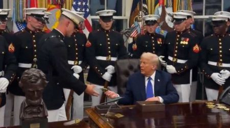 Trump praised for giving Marine Corps Silent Drill Platoon members a presidential challenge coin