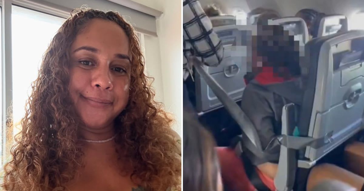 An American Airlines passenger was tied in the seat with duct tape after she attacked the crew (@anacaona_78/Instagram, @FlightModeblog/X)
