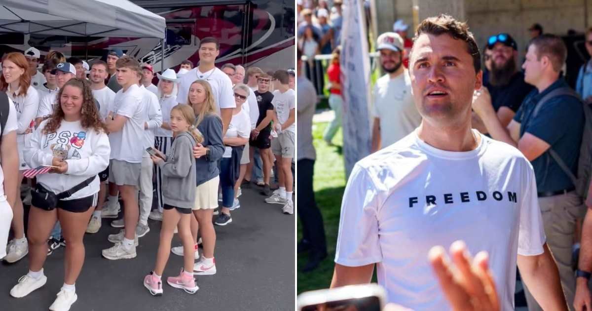 Football fans gathered in the parking lot at Penn State’s Beaver Stadium on Saturday, September 27, to snag a Charlie Kirk 'Freedom' T-shirt (@bennyjohnson/X, Getty Images)