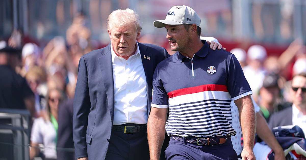 President Donald Trump spoke with Bryson DeChambeau on the first tee during the Ryder Cup in Farmingdale, New York on September 26, 2025 (Getty Images)