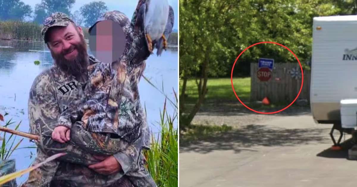 Thomas Jacob Sanford’s property in Burton showed a Trump sign above a stop sign in June 2025 (Facebook/Jake Sanford, Google Maps)