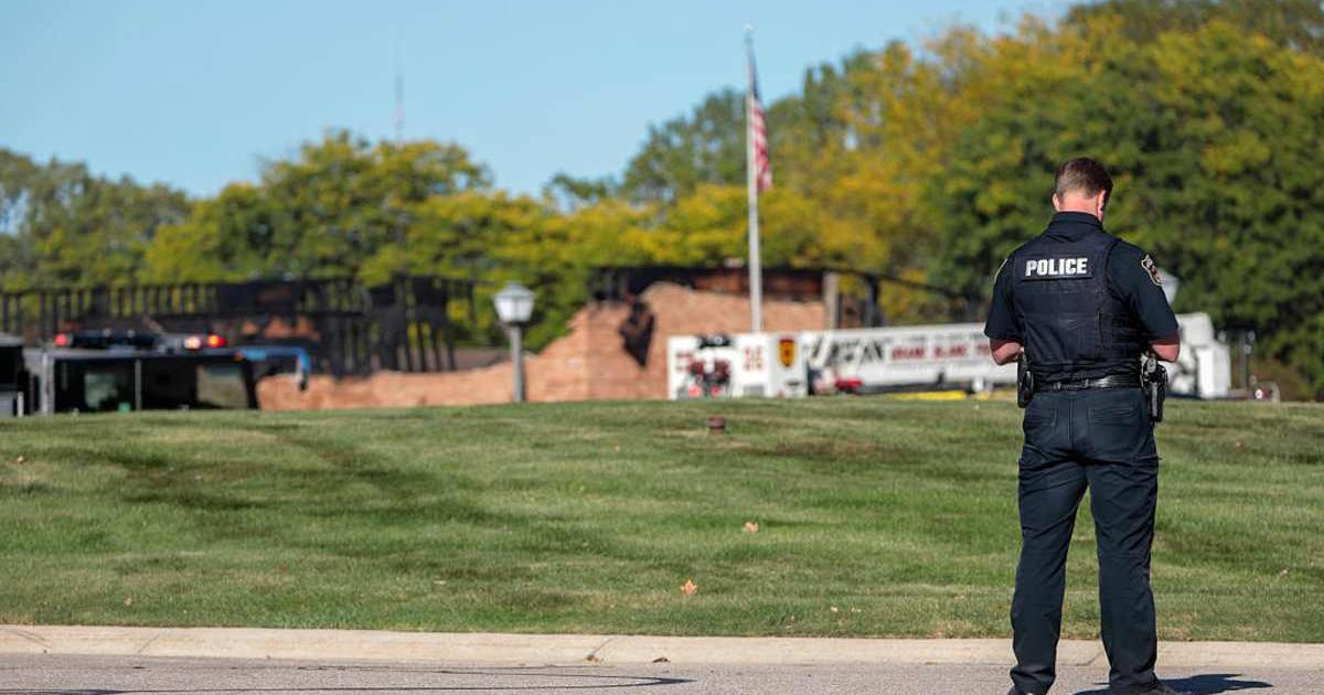 The burned church as emergency services respond to a shooting and fire at the Church of Jesus Christ of Latter-day Saints on September 28, 2025, in Grand Blanc, Michigan (Bill Pugliano/Getty Images)