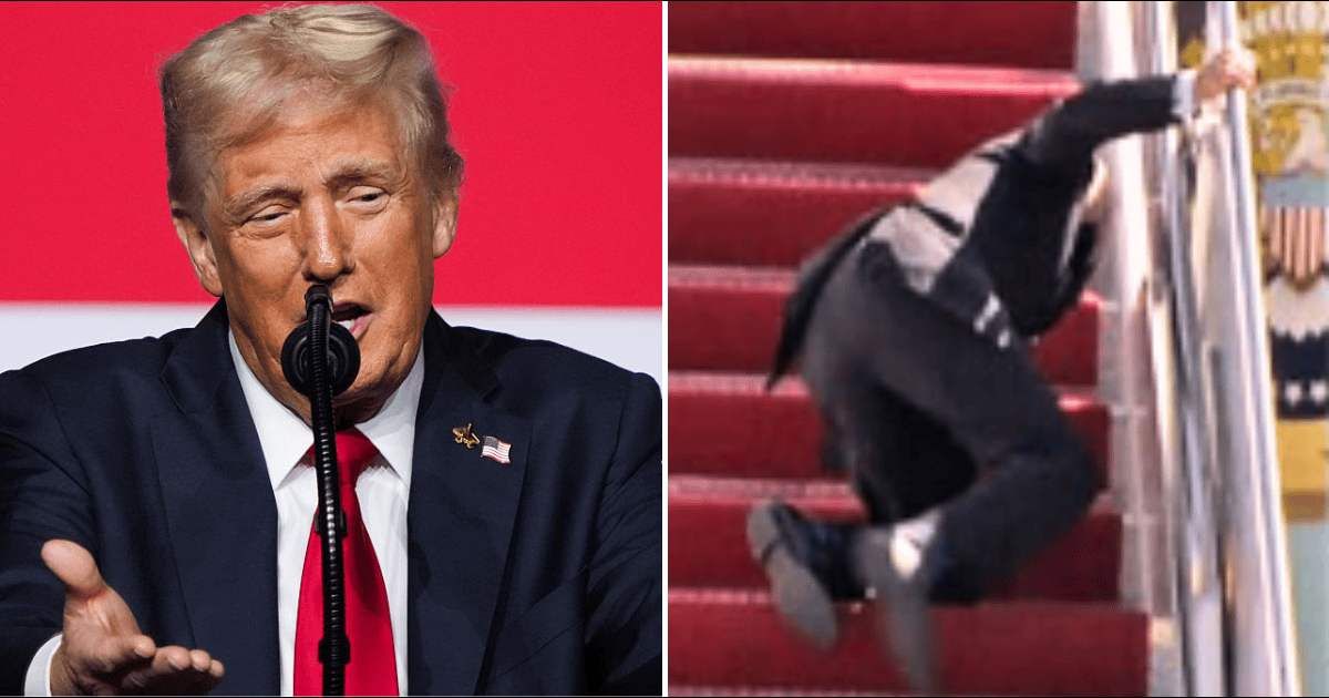 During a military gathering, Donald Trump mocked Joe Biden’s frequent stumbles while going up the stairs (Getty Images, @nicksortor/X)