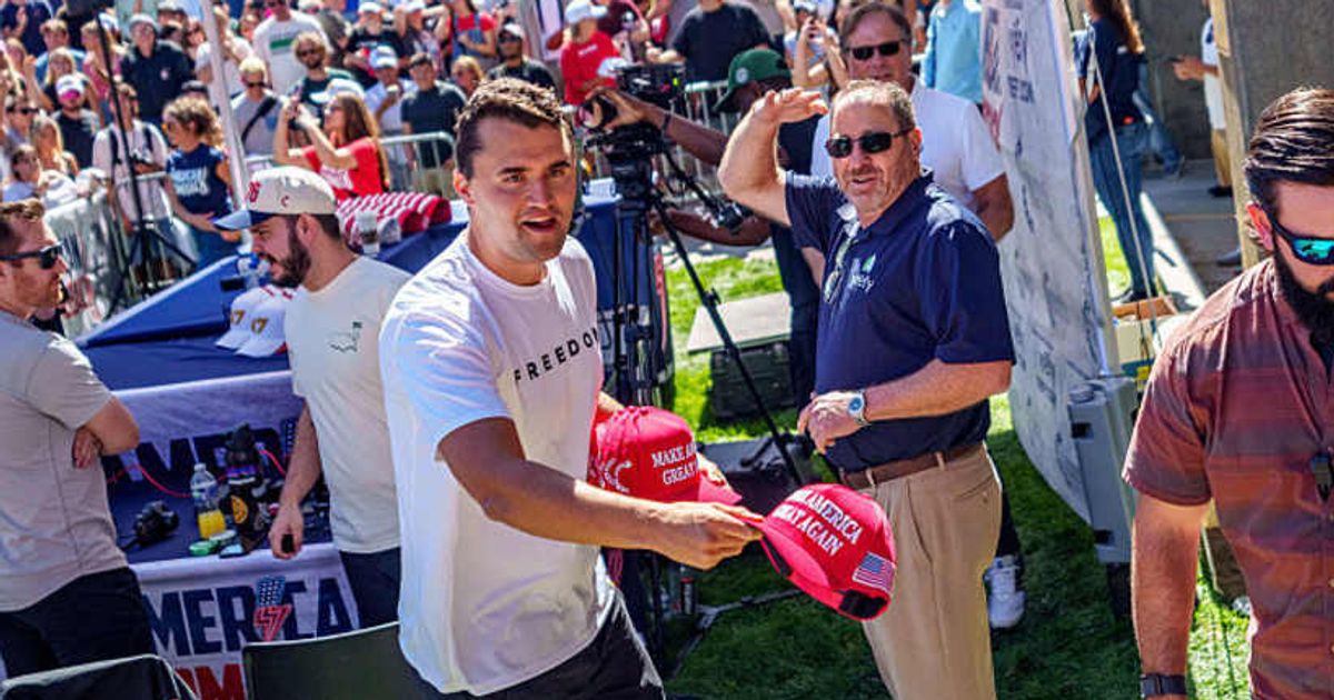 Charlie Kirk throws a Make America Great Again hat to the crowd at Utah Valley University on September 10, 2025, in Orem, Utah (Trent Nelson/The Salt Lake Tribune/Getty Images)