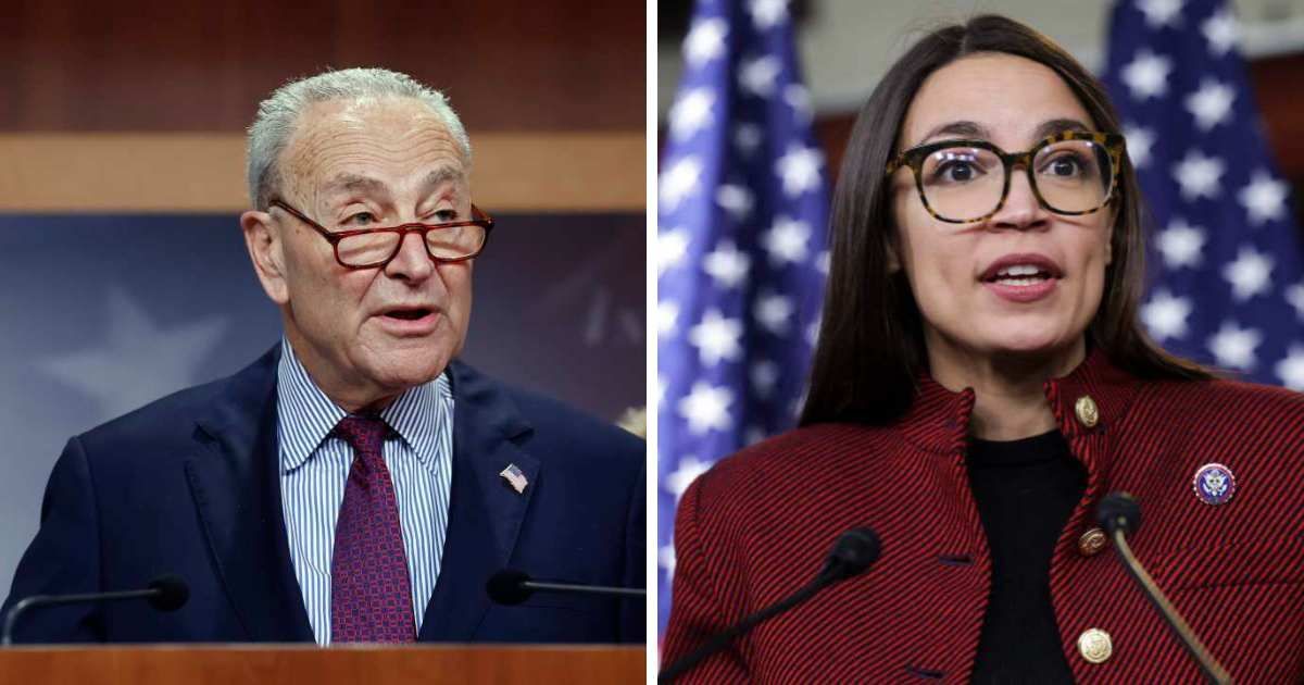 JD Vance blamed Chuck Schumer for the government shutdown, alleging he feared a primary challenge from Rep Alexandria Ocasio-Cortez (Getty Images)