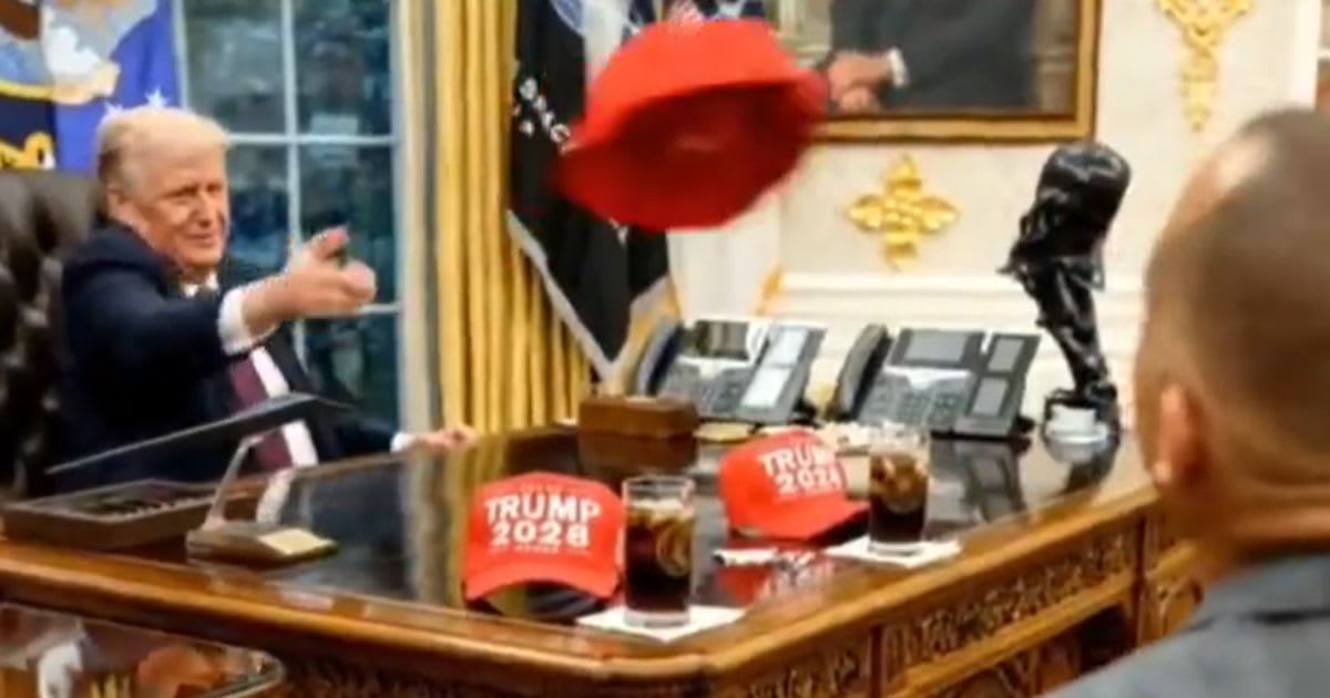 Donald Trump mocked Democrats by posting an AI clip tossing a 'Trump 2028' hat at Hakeem Jeffries (@realDonaldTrump/X)