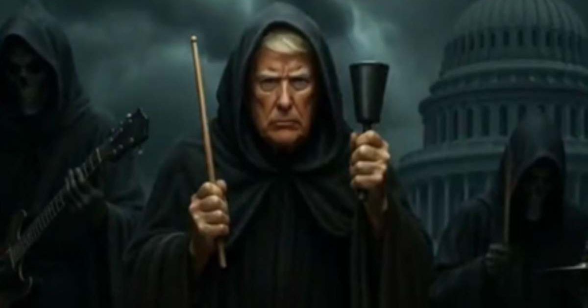 Donald Trump posted an AI-generated video showing a band with the president himself playing the cowbell (@realDonaldTrump/Truth Social)
