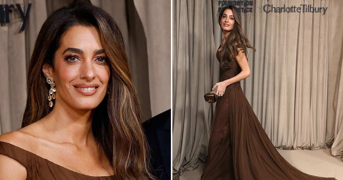 Amal Clooney radiated elegance in a brown Atelier Versace gown as she attended the Albie Awards with George Clooney in London (Getty Images)
