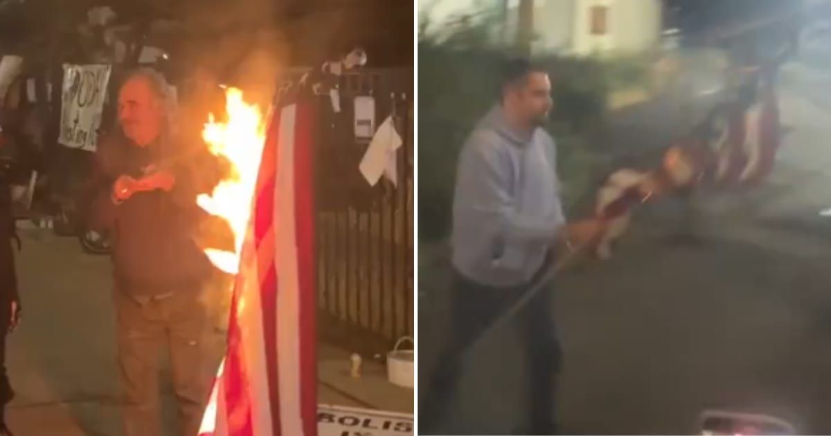 Conservative journalist Nick Sortor (Right) saved American flag from fire amid protest in Portland (@nicksortor/X)