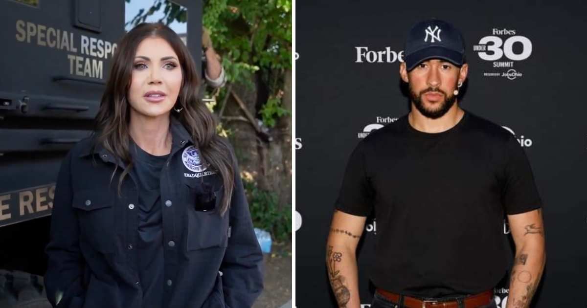 Kristi Noem shared her thoughts on the NFL's decision to pick Bad Bunny for the 2026 Super Bowl halftime show in an interview with Benny Johnson (@bennyjohnson/X, Getty Images)