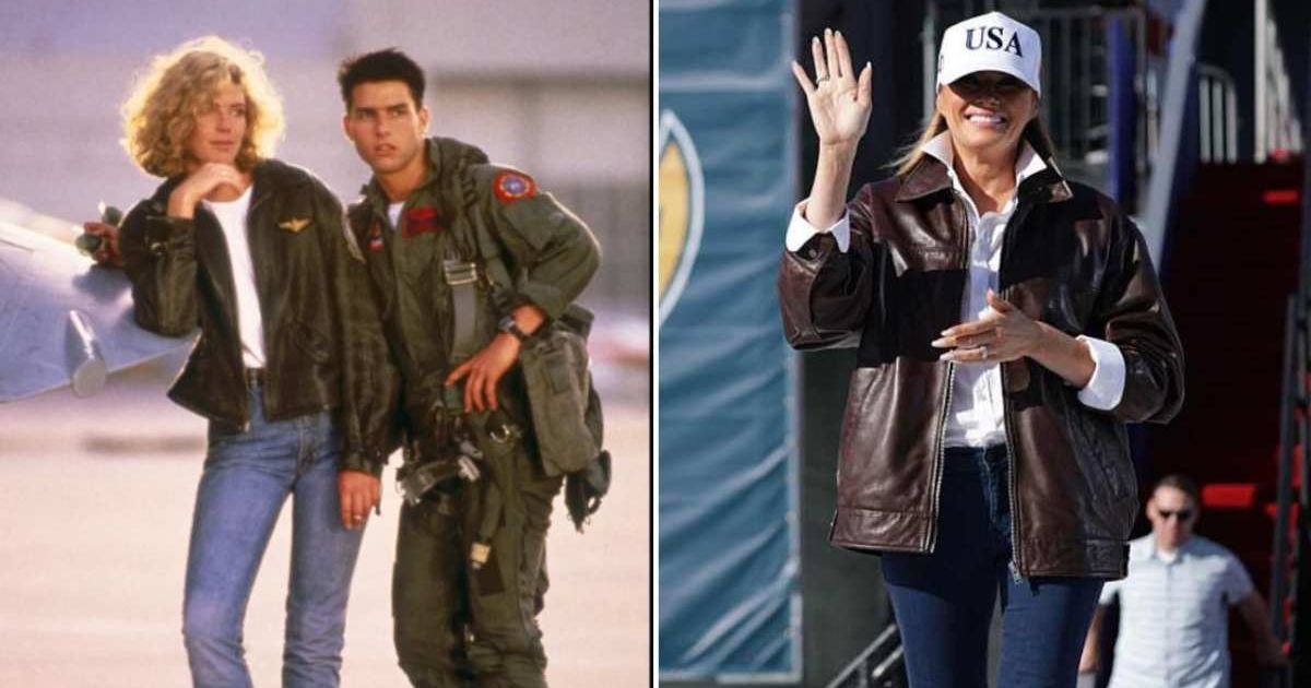 Melania Trump wore a brown leather bomber jacket over a white collared shirt and dark-wash jeans, channeling Kelly McGillis’ iconic 'Top Gun' style (IMDb, Alex Wong/Getty Images)