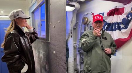 Melania is all smiles as she looks on lovingly at Trump making ‘Navy One’ announcement