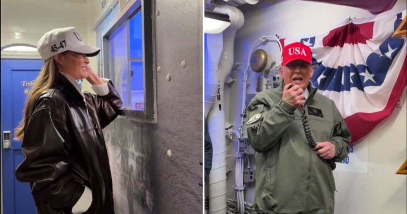 Melania is all smiles as she looks on lovingly at Trump making ‘Navy One’ announcement