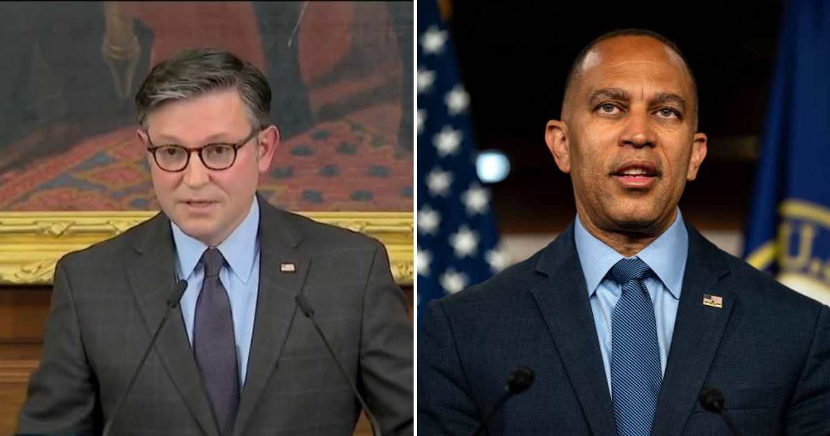 Mike Johnson dismissed Hakeem Jeffries' challenge as a 'publicity stunt' that he won’t entertain (@SpeakerJohnson/X, Getty Images)
