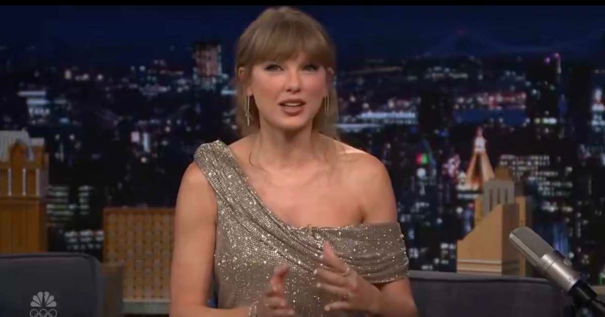 Taylor Swift chose a Giuseppe Di Morabito minidress for her 'The Tonight Show Starring Jimmy Fallon' appearance on Monday, October 6 (@swifferupdates/X)