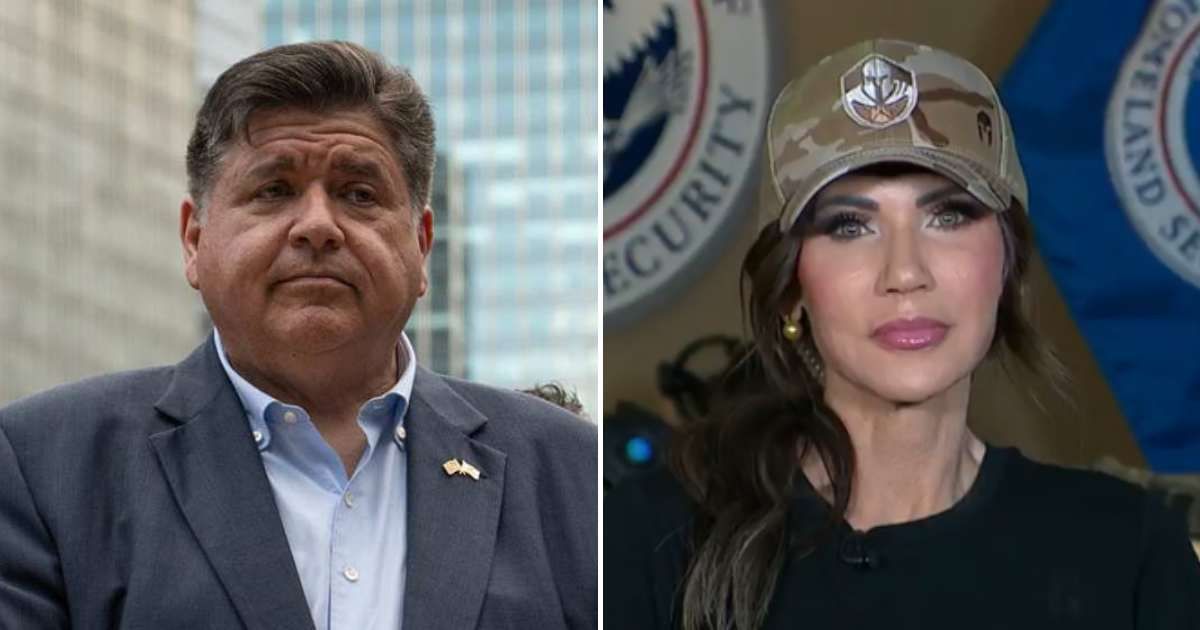 Kristi Noem slammed JB Pritzker during an interview with Fox News' Jesse Watters on Tuesday, October 7 (Getty Images, Screengrab/Fox News)